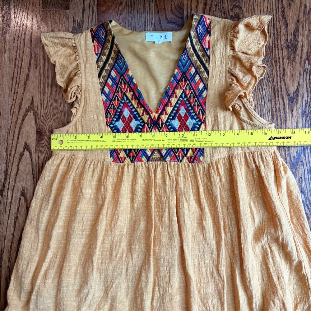 THML Mustard Embroidered Boho Babydoll Dress | Aztec Tribal Embroidery Small - Picture 7 of 8
